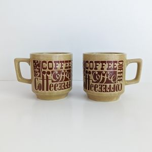 Set of 2 Tan Vintage Stoneware Typography Mugs with words "Coffee" Made in Japan